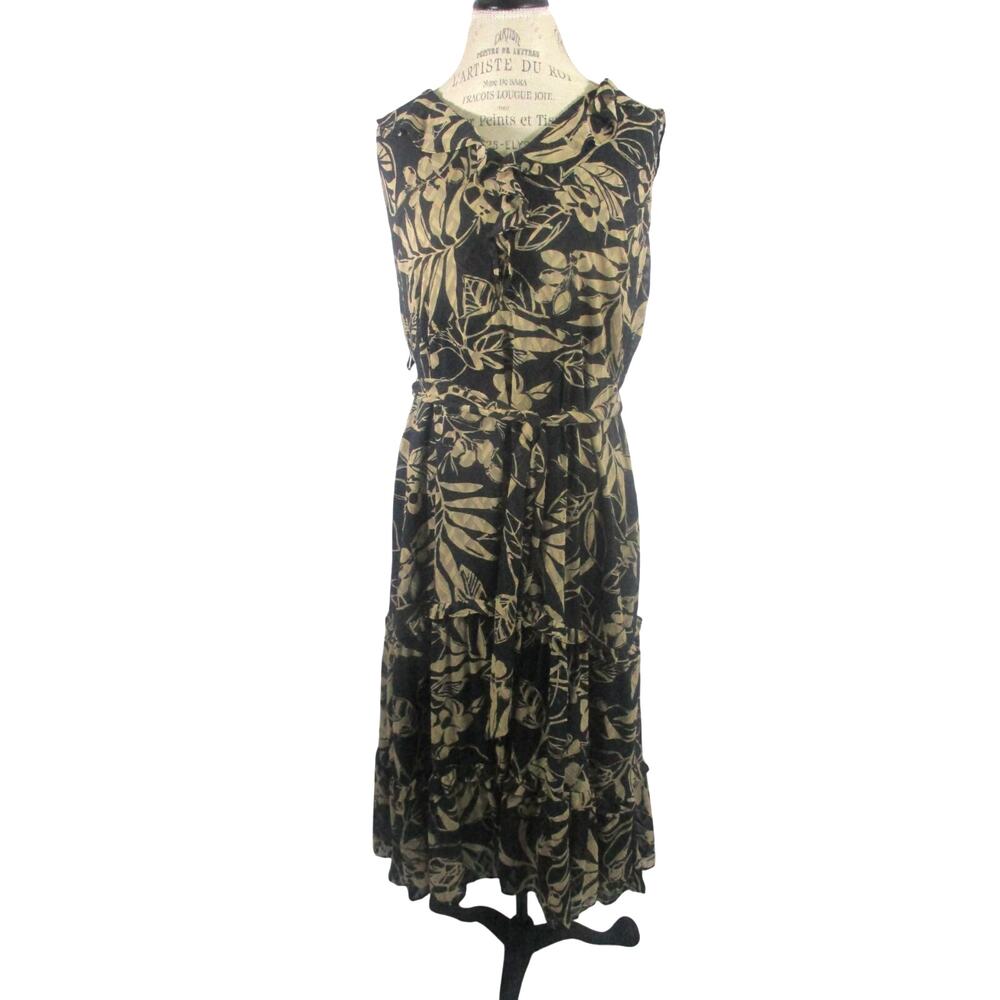 Lauren Ralph Lauren Black Tan Floral Printed Sleeveless Ruffle hem Midi Dress 16